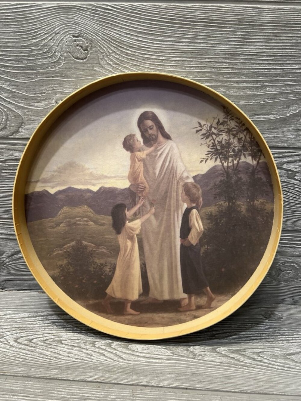 Vintage Jesus Loves The Little Children Wooden Plaque Picture Round 13” READ